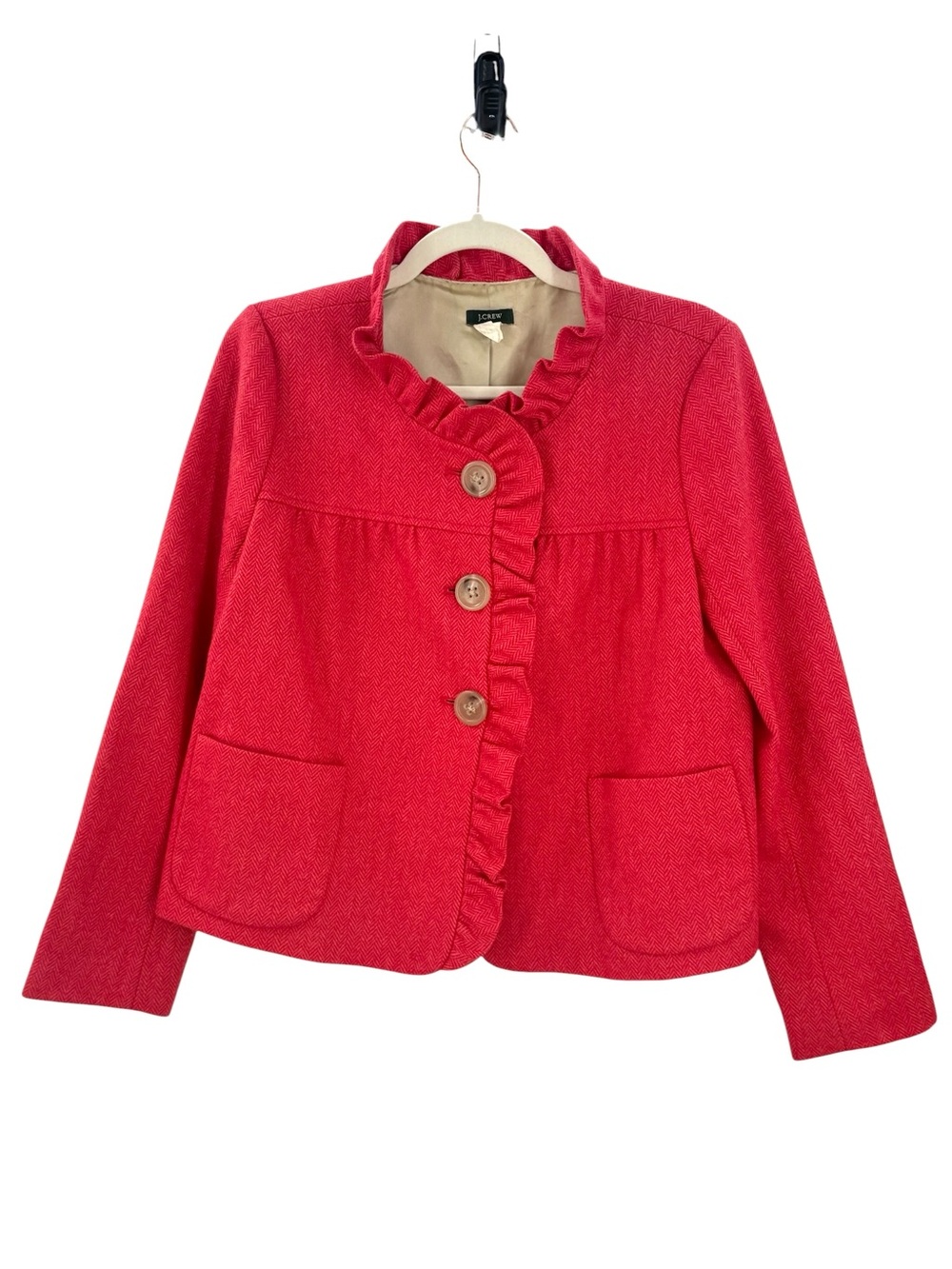 J.Crew Y2K Fiona Wool Herringbone Ruffle Jacket Rhubarb Red Size 6 FA08 - Picture 2 of 13